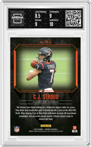 C.J. Stroud from the 2023 Panini Phoenix set featuring a Silver Seismic  parallel graded by Arena Club and given an overall grade of 9.
