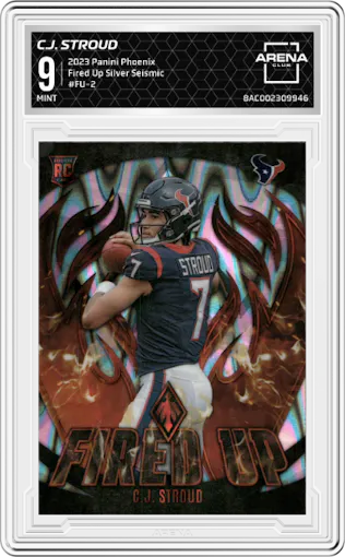 C.J. Stroud from the 2023 Panini Phoenix set featuring a Silver Seismic  parallel graded by Arena Club and given an overall grade of 9.