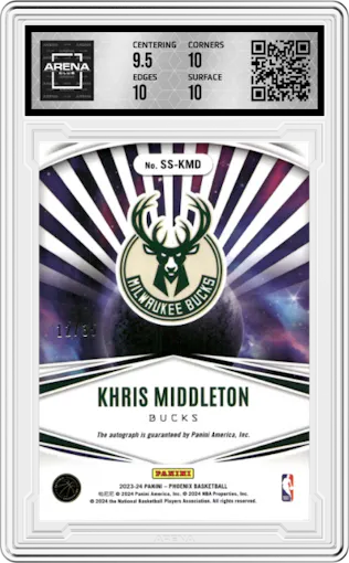 Khris Middleton from the 2023-24 Panini Phoenix set featuring a Yellow parallel graded by Arena Club and given an overall grade of 10.