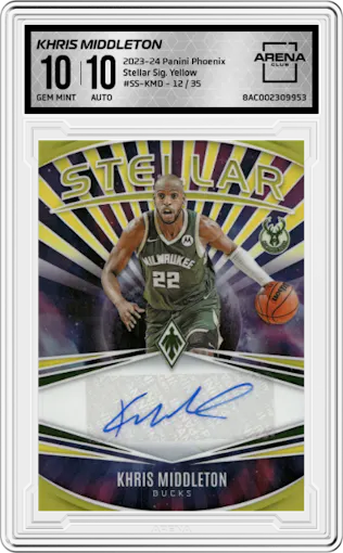 Khris Middleton from the 2023-24 Panini Phoenix set featuring a Yellow parallel graded by Arena Club and given an overall grade of 10.