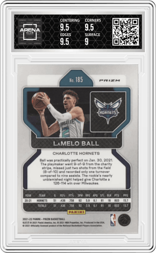 LaMelo Ball from the 2021-22 Panini Prizm  set featuring a Factory Set Red Hyper  parallel graded by Arena Club and given an overall grade of 9.5.