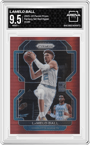 LaMelo Ball from the 2021-22 Panini Prizm  set featuring a Factory Set Red Hyper  parallel graded by Arena Club and given an overall grade of 9.5.
