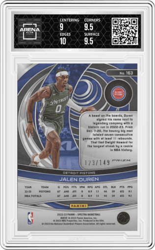 Jalen Duren from the 2022-23 Panini Spectra set featuring a Celestial  parallel graded by Arena Club and given an overall grade of 9.5.