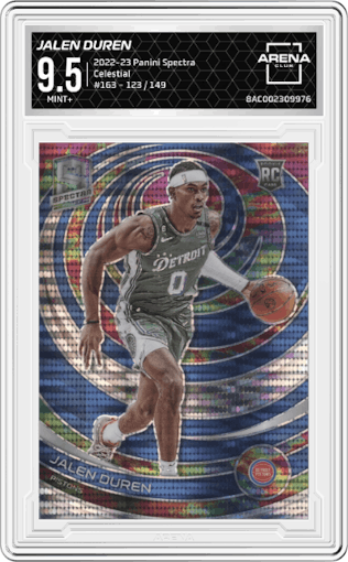 Jalen Duren from the 2022-23 Panini Spectra set featuring a Celestial  parallel graded by Arena Club and given an overall grade of 9.5.