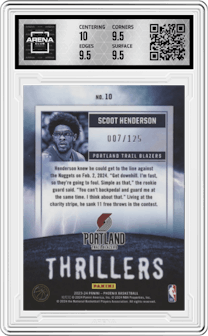 Scoot Henderson from the 2023-24 Panini Phoenix set featuring a Red parallel graded by Arena Club and given an overall grade of 10.