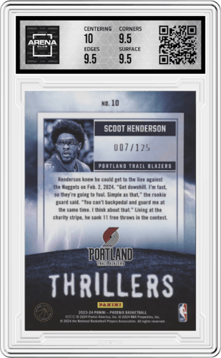 Scoot Henderson from the 2023-24 Panini Phoenix set featuring a Red parallel graded by Arena Club and given an overall grade of 10.