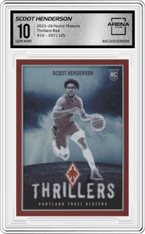 Scoot Henderson from the 2023-24 Panini Phoenix set featuring a Red parallel graded by Arena Club and given an overall grade of 10.