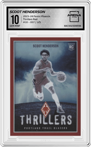 Scoot Henderson from the 2023-24 Panini Phoenix set featuring a Red parallel graded by Arena Club and given an overall grade of 10.