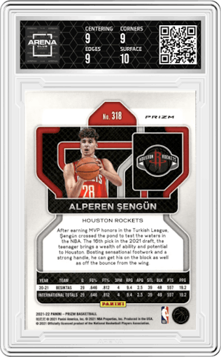 Alperen Sengun from the 2021-22 Panini Prizm  set featuring a Silver Wave parallel graded by Arena Club and given an overall grade of 9.5.
