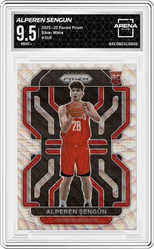 Alperen Sengun from the 2021-22 Panini Prizm  set featuring a Silver Wave parallel graded by Arena Club and given an overall grade of 9.5.