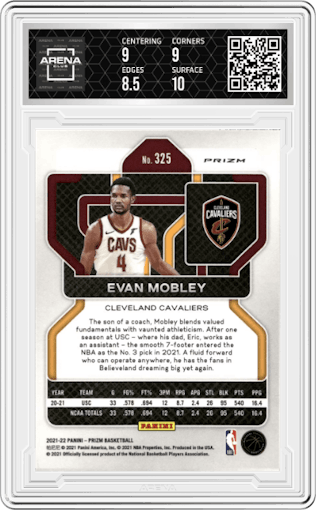 Evan Mobley from the 2021-22 Panini Prizm  set featuring a Factory Box Set parallel graded by Arena Club and given an overall grade of 9.