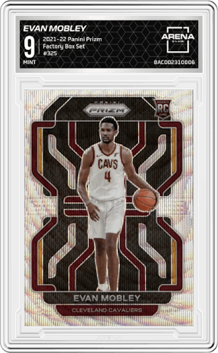 Evan Mobley from the 2021-22 Panini Prizm  set featuring a Factory Box Set parallel graded by Arena Club and given an overall grade of 9.