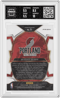 Shaedon Sharpe from the 2022-23 Panini Select set featuring a Silver Prizm parallel graded by Arena Club and given an overall grade of 9.