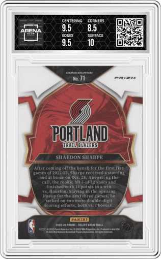 Shaedon Sharpe from the 2022-23 Panini Select set featuring a Silver Prizm parallel graded by Arena Club and given an overall grade of 9.