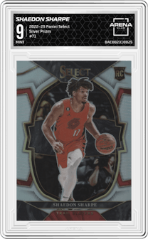 Shaedon Sharpe from the 2022-23 Panini Select set featuring a Silver Prizm parallel graded by Arena Club and given an overall grade of 9.