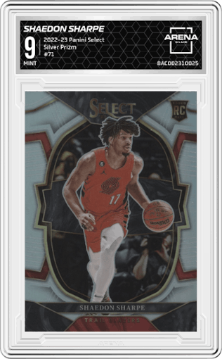 Shaedon Sharpe from the 2022-23 Panini Select set featuring a Silver Prizm parallel graded by Arena Club and given an overall grade of 9.