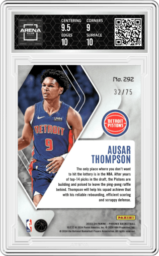 Ausar Thompson from the 2023-24 Panini Phoenix set featuring a Lava parallel graded by Arena Club and given an overall grade of 9.5.