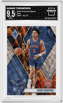 Ausar Thompson from the 2023-24 Panini Phoenix set featuring a Lava parallel graded by Arena Club and given an overall grade of 9.5.
