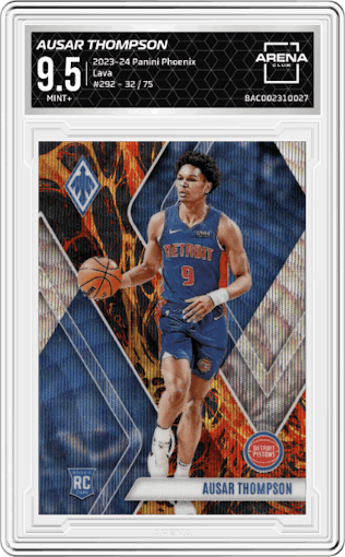 Ausar Thompson from the 2023-24 Panini Phoenix set featuring a Lava parallel graded by Arena Club and given an overall grade of 9.5.