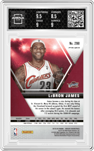LeBron James from the 2019-20 Panini Mosaic  set featuring a Red Mosaic parallel graded by Arena Club and given an overall grade of 9.