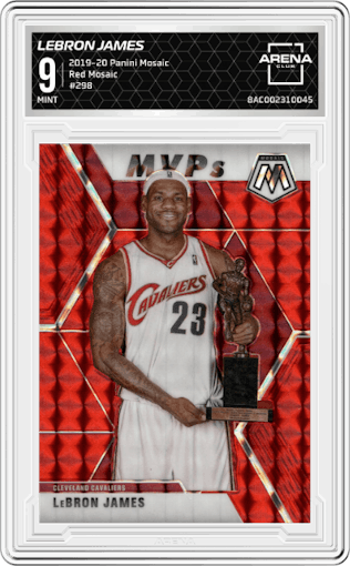 LeBron James from the 2019-20 Panini Mosaic  set featuring a Red Mosaic parallel graded by Arena Club and given an overall grade of 9.