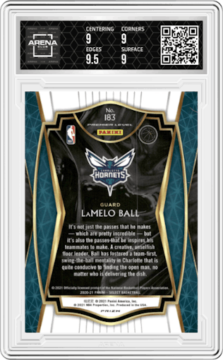 LaMelo Ball from the 2020-21 Panini Select  set featuring a Red/White/Orange Shimmer parallel graded by Arena Club and given an overall grade of 9.