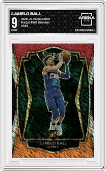 LaMelo Ball from the 2020-21 Panini Select  set featuring a Red/White/Orange Shimmer parallel graded by Arena Club and given an overall grade of 9.