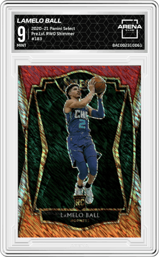 LaMelo Ball from the 2020-21 Panini Select  set featuring a Red/White/Orange Shimmer parallel graded by Arena Club and given an overall grade of 9.
