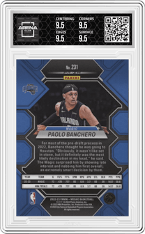 Paolo Banchero from the 2022-23 Panini Mosaic set featuring a Silver parallel graded by Arena Club and given an overall grade of 9.5.