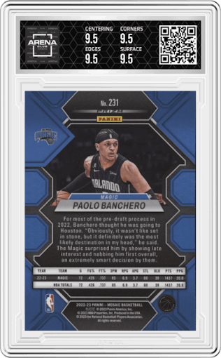Paolo Banchero from the 2022-23 Panini Mosaic set featuring a Silver parallel graded by Arena Club and given an overall grade of 9.5.
