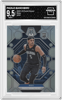 Paolo Banchero from the 2022-23 Panini Mosaic set featuring a Silver parallel graded by Arena Club and given an overall grade of 9.5.