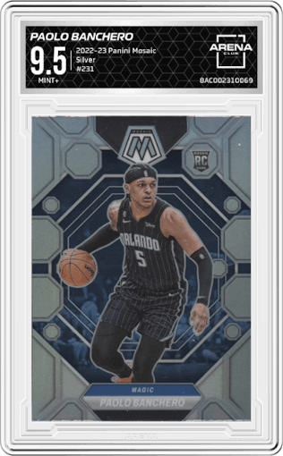 Paolo Banchero from the 2022-23 Panini Mosaic set featuring a Silver parallel graded by Arena Club and given an overall grade of 9.5.
