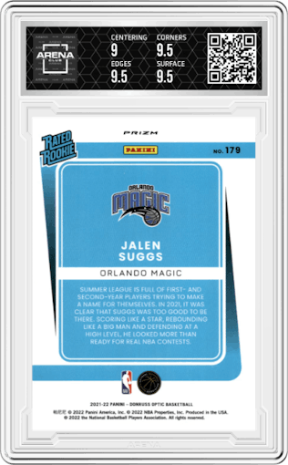 Jalen Suggs from the 2021-22 Panini Donruss Optic set featuring a Green Pulsar parallel graded by Arena Club and given an overall grade of 9.5.