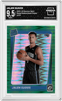 Jalen Suggs from the 2021-22 Panini Donruss Optic set featuring a Green Pulsar parallel graded by Arena Club and given an overall grade of 9.5.