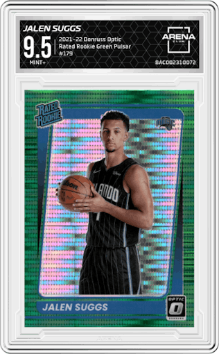 Jalen Suggs from the 2021-22 Panini Donruss Optic set featuring a Green Pulsar parallel graded by Arena Club and given an overall grade of 9.5.