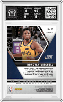 Donovan Mitchell from the 2019-20 Panini Mosaic  set featuring a Gold Wave parallel graded by Arena Club and given an overall grade of 9.5.