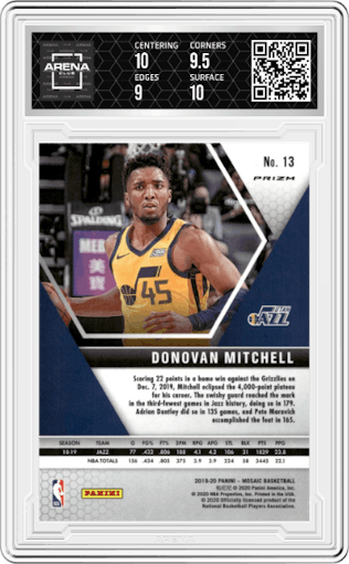 Donovan Mitchell from the 2019-20 Panini Mosaic  set featuring a Gold Wave parallel graded by Arena Club and given an overall grade of 9.5.