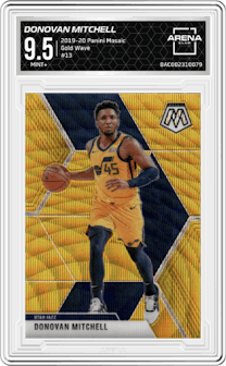 Donovan Mitchell from the 2019-20 Panini Mosaic  set featuring a Gold Wave parallel graded by Arena Club and given an overall grade of 9.5.