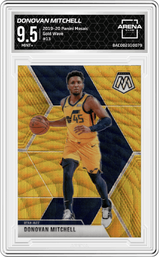 Donovan Mitchell from the 2019-20 Panini Mosaic  set featuring a Gold Wave parallel graded by Arena Club and given an overall grade of 9.5.