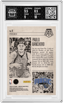 Paolo Banchero from the 2022-23 Panini Mosaic set featuring a Mosaic parallel graded by Arena Club and given an overall grade of 9.