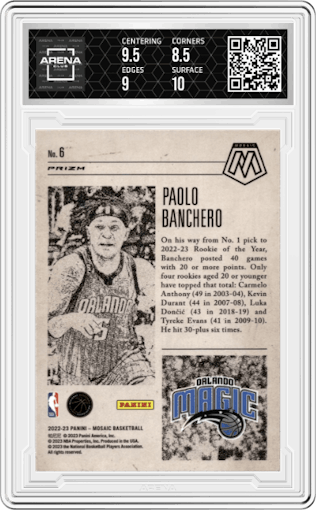 Paolo Banchero from the 2022-23 Panini Mosaic set featuring a Mosaic parallel graded by Arena Club and given an overall grade of 9.