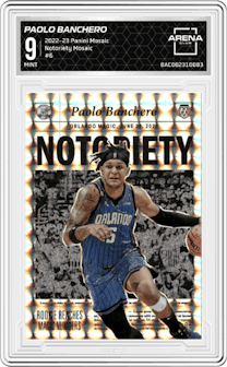 Paolo Banchero from the 2022-23 Panini Mosaic set featuring a Mosaic parallel graded by Arena Club and given an overall grade of 9.