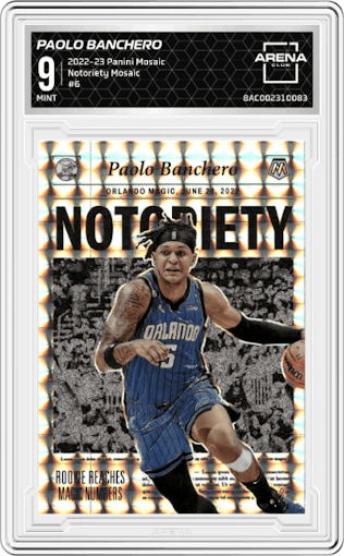 Paolo Banchero from the 2022-23 Panini Mosaic set featuring a Mosaic parallel graded by Arena Club and given an overall grade of 9.