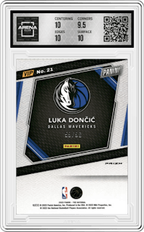 Luka Doncic from the 2023 Panini The National VIP set featuring a Green Sparkle parallel graded by Arena Club and given an overall grade of 10.