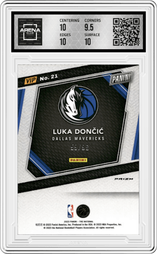 Luka Doncic from the 2023 Panini The National VIP set featuring a Green Sparkle parallel graded by Arena Club and given an overall grade of 10.