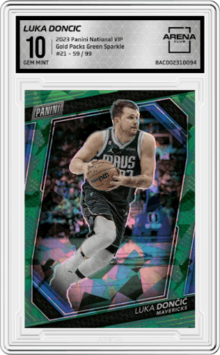 Luka Doncic from the 2023 Panini The National VIP set featuring a Green Sparkle parallel graded by Arena Club and given an overall grade of 10.
