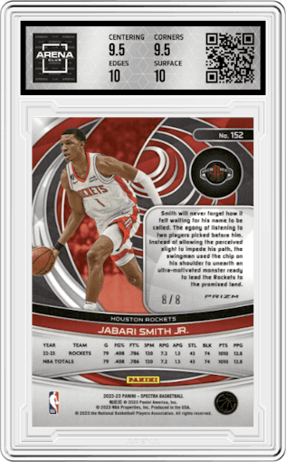 Jabari Smith Jr. from the 2022-23 Panini Spectra set featuring a Asia Lucky Envelopes parallel graded by Arena Club and given an overall grade of 10.