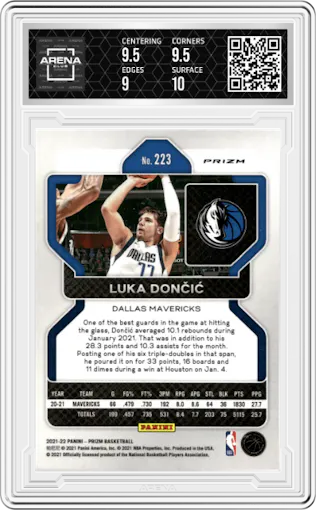 Luka Doncic from the 2021-22 Panini Prizm  set featuring a Silver Wave parallel graded by Arena Club and given an overall grade of 9.5.