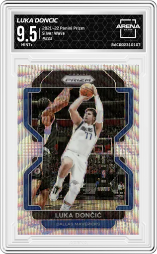 Luka Doncic from the 2021-22 Panini Prizm  set featuring a Silver Wave parallel graded by Arena Club and given an overall grade of 9.5.