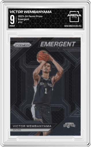 Victor Wembanyama from the 2023-24 Panini Prizm set graded by Arena Club and given an overall grade of 9.